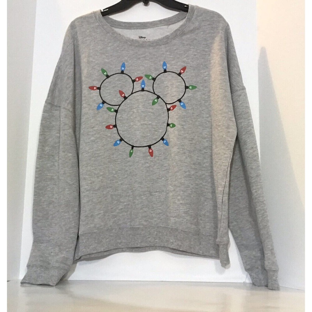 Disney Mickey Mouse Women's M Sweatshirt Crew Neck Gray Christmas Lights